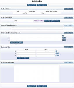 Author ID - Author Editing Screen This screen depicts the edit view for an author.
