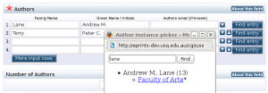 Author ID - ePrints Edit View with Instance selector popup The standard ePrints creator fields have a "Find Entry" button as well.